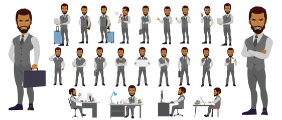 Man Character design. Front, side, back view and explainer animation poses. Character set with lip sync and facial expressions of Happy, angry, sad, Joy with Side walk cycle animation sequence sprite 