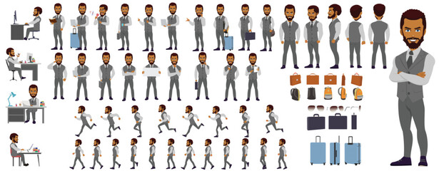 Man Character design. Front, side, back view and explainer animation poses. Character set with lip sync and facial expressions of Happy, angry, sad, Joy with Side walk cycle animation sequence sprite 
