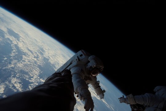 Astronaut extends hand into the vastness of space with Earth in the background during a spacewalk beyond the International Space Station
