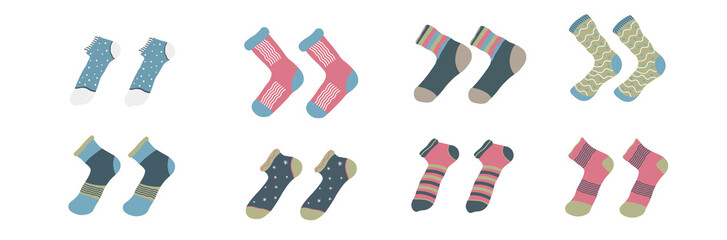 Sock with snowflake ornament in winter collection of colourful woolen knitwear fashion set for Christmas season textile accessory comfort design flat cute illustration clothing isolated trendy pattern