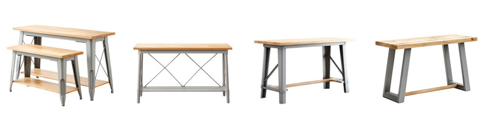 Fototapeta premium Modern, versatile wooden tables with sleek designs, featuring solid wood tops and sturdy metal bases, ideal for dining, workspaces, and decorative purposes in contemporary settings