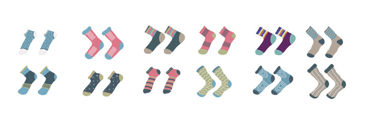 Illustration of striped cotton sock in funny holiday style with warm wool element decoration comfortable clip art symbol various wear foot autumn clothing knitted collection stylish fashion vector

