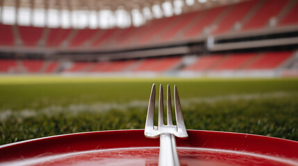 Fork and plate on football field, stadium seating backdrop, suggesting an event or unique dining experience in an unusual setting.