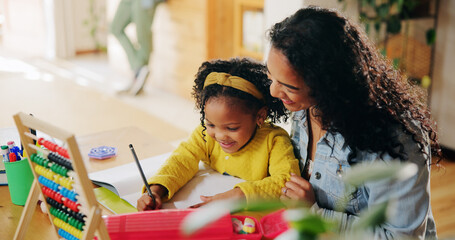 Happy, mom and helping child with homework, writing and smile for assignment, growth and...