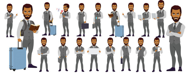 Man Character design. Front, side, back view and explainer animation poses. Character set with lip sync and facial expressions of Happy, angry, sad, Joy with Side walk cycle animation sequence sprite 
