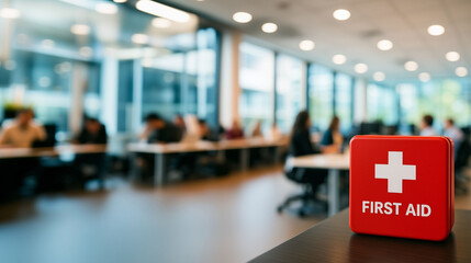 First aid box on office table with corporate workplace background highlighting employee health safety emergency preparedness and medical facility at work