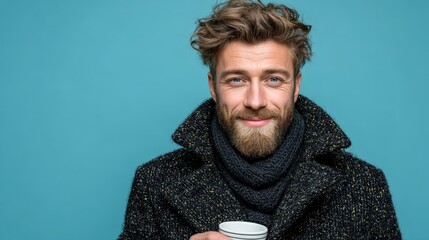 Fototapeta premium A man with a beard smiles while holding a cup of coffee. He wears a trendy winter coat paired with a scarf. The bright blue backdrop enhances the cozy atmosphere, suggesting a chilly day