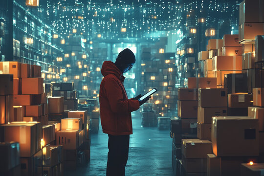 Man in warehouse analyzing data on tablet.