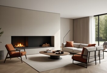 Fototapeta premium There is a living room with fireplace and sofa