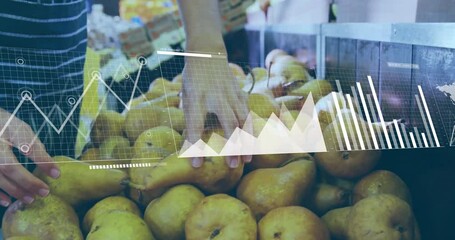 Woman selecting pear in retail market, with digital line graphs bar charts and global data overlay - Powered by Adobe