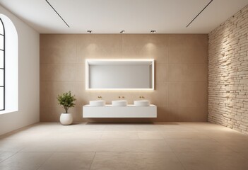 Fototapeta premium There is a bathroom with a large mirror and two sinks