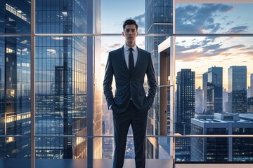 Fototapeta premium Contemporary Financial Landscape Merging Office Views with Urban Skyline Perspectives