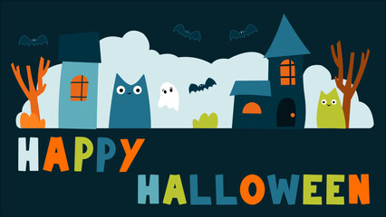 Cute Halloween card with ghosts, bats, houses and colorful lettering in a child-friendly cartoon style