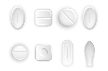 Cartoon medicine set with capsule tablet contraception and placebo in oval circle format colourful flat vector style red pink blue green healthcare chemical drug pharmacy banner collection symbol

