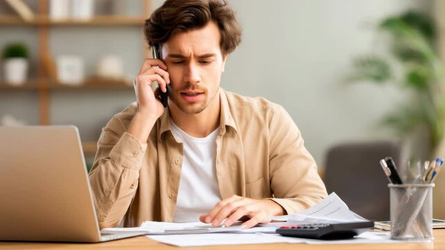 Man with financial stress uses phone while working from home on laptop facing difficult money situation