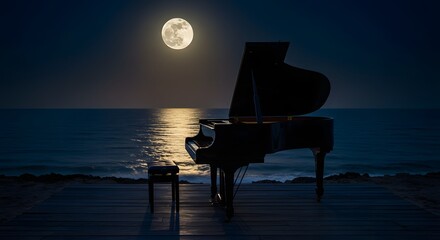 Grand Piano on a Dock Under a Full Moon