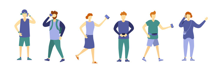 Mobile phone use by diverse group of young people cartoon character in casual attire standing and talking smartphone communication bundle collection urban set vector isolated design social graphic

