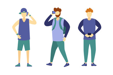 Mobile phone use by diverse group of young people cartoon character in casual attire standing and talking smartphone communication bundle collection urban set vector isolated design social graphic

