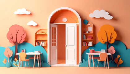 Minimal Classroom Door Scene in Paper Cut Out Style