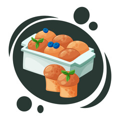 Vector bread rolls in baking tray with berries and mint. Homemade pastry. Cozy food concept.