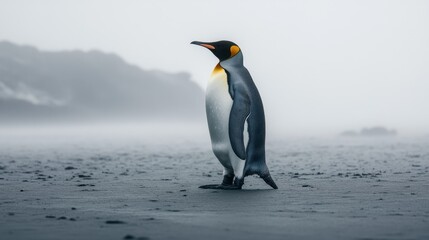 Fototapeta premium A king penguin walks alone under a pale sky, the icy tundra fading into fog around it
