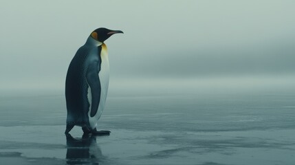 Fototapeta premium A king penguin walks in near silence across an endless stretch of frozen land and drifting mist