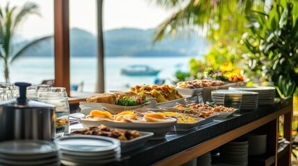 Abundant buffet spread outdoors, overlooking scenic ocean view. Dishes feature diverse cuisines