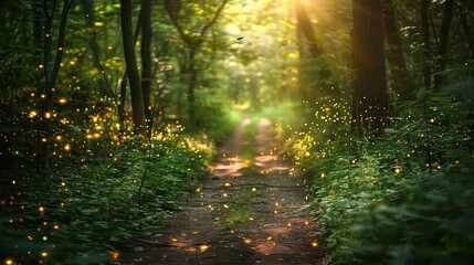 Fototapeta premium A magical forest path glowing with fireflies