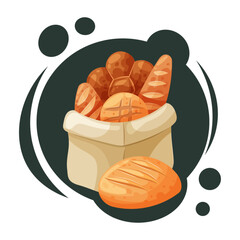 Vector illustration of assorted bakery bread in a paper bag. Fresh baked goods. Rustic food concept.