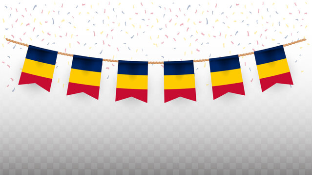Vector illustration of the country flag of Chad with confetti on transparent background. hanging flag for Independence Day celebration