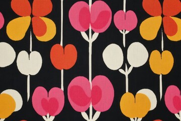 Retro Floral Textile Pattern Close-up: Bold Colors, Vintage Style, Flat Lay, Abstract Flower Design, Black Background, Seamless Repeat