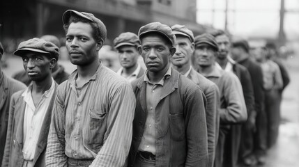 Labor Day Celebration with Workers in Line at Historical Event Captured in Black and White Photography