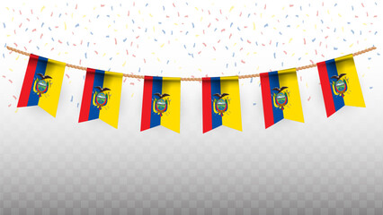 Vector illustration of the country flag of Ecuador with confetti on transparent background. hanging flag for Independence Day celebration