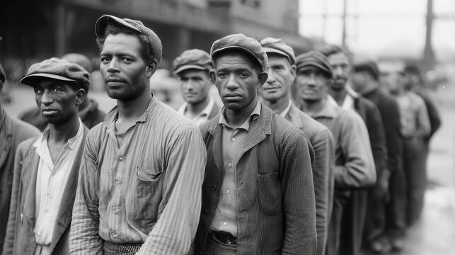 Labor Day Celebration with Workers in Line at Historical Event Captured in Black and White Photography