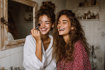  Two sisters laughing while doing their makeup in the bathroom.

