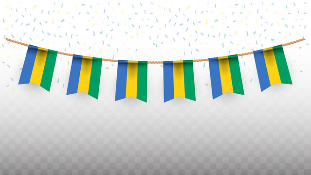 Vector illustration of the country flag of Gabon with confetti on transparent background. hanging flag for Independence Day celebration