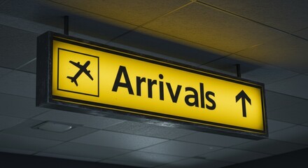 airport arrivals bright yellow sign. 