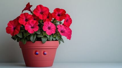 Close-up of a red flower pot filled with vibrant red blossoms, arranged against a plain white photo background