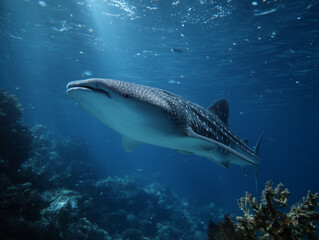Fototapeta premium A majestic whale shark, a gentle giant of the deep, glides gracefully through crystal-clear turquoise waters.