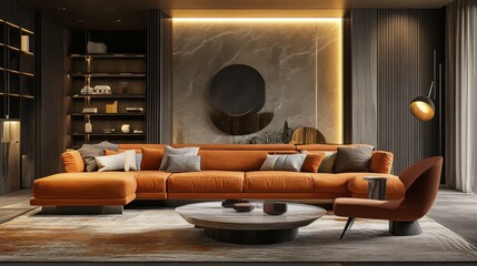 Modern Orange Living Room Interior Design with Stylish Sofa, Unique Decor Ideas, Bold Accents, Cozy Vibes, Trendy Home Accessories, Chic Aesthetics, Warm Tones, and Contemporary Style