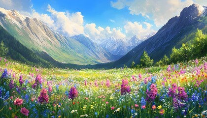 Obraz premium Lush mountain meadow bathed in sunlight and vibrant flowers.