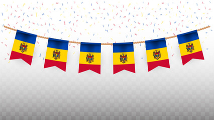 Vector illustration of the country flag of Moldova with confetti on transparent background. hanging flag for Independence Day celebration