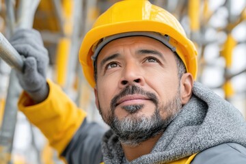 Professional latin american male construction worker in safety gear at building site