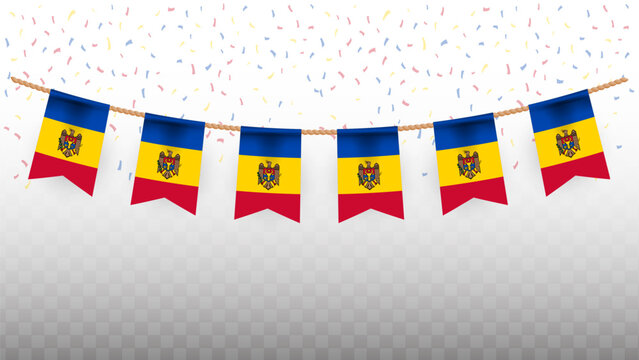 Vector illustration of the country flag of Moldova with confetti on transparent background. hanging flag for Independence Day celebration