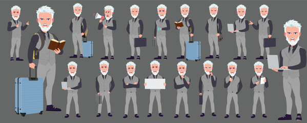 Man Character design. Front, side, back view and explainer animation poses. Character set with lip sync and facial expressions of Happy, angry, sad, Joy with Side walk cycle animation sequence sprite 