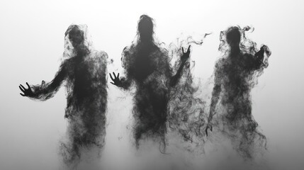 Fototapeta premium Three dark shadowy figures composed of smoke, appearing ethereal and mysterious, against a light gray background.
