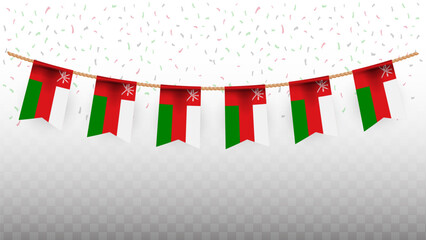 Vector illustration of the country flag of Oman with confetti on transparent background. hanging flag for Independence Day celebration