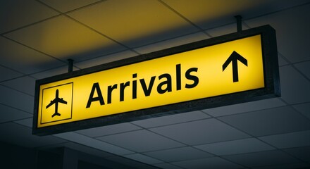 airport arrivals bright yellow sign. 