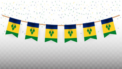 Vector illustration of the country flag of Saint Vincent and the Grenadines with confetti on transparent background. hanging flag for Independence Day celebration