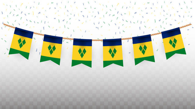 Vector illustration of the country flag of Saint Vincent and the Grenadines with confetti on transparent background. hanging flag for Independence Day celebration